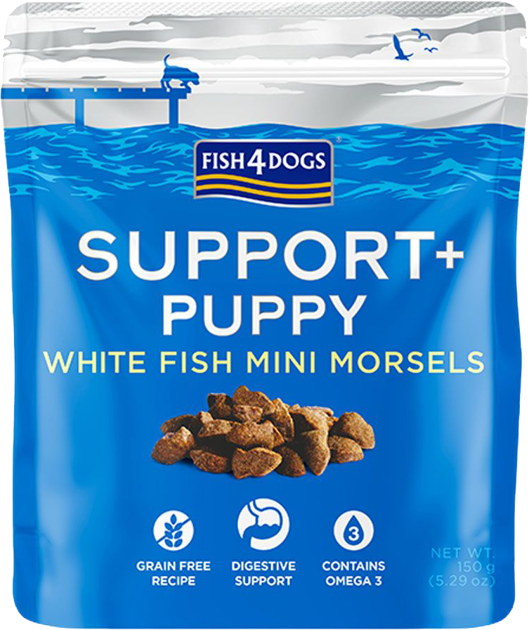 Fish4Dogs Support+ Puppy, Pamlsky pro štěňátka na podporu trávení s kousky bílé ryby a prebiotiky 150 g