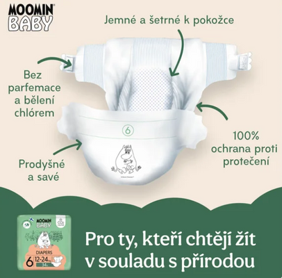 Moomin baby 6 Maxi 12–24 kg, měsíční balení eko plen 102 ks