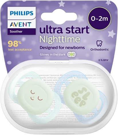 Philips Avent Šidítko Ultrastart noční 0-2m chlapec 2 ks