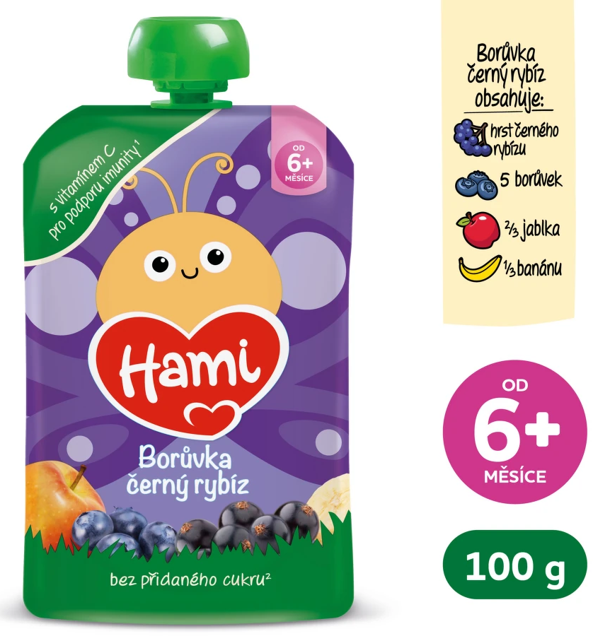 Hami Příkrm kapsička Jablko, banán, černý rybíz a borůvky 100 g