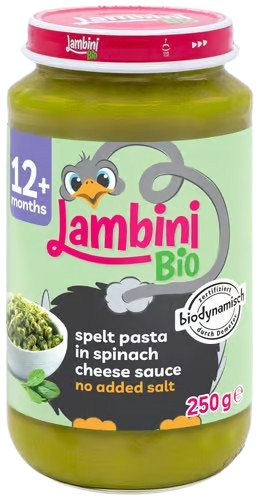 Lambini Bio Demeter příkrm špaldové těstoviny se špenátovo-sýrovou omáčkou 250 g