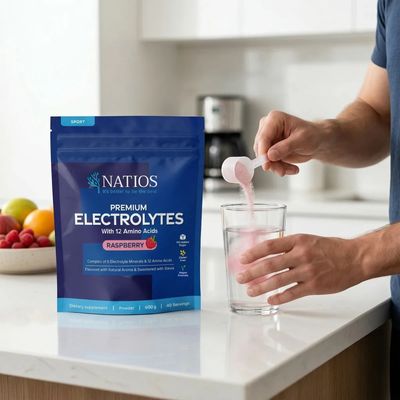 Natios Premium Electrolytes, Elektrolyty s 12 aminokyselinami, Malina 600 g