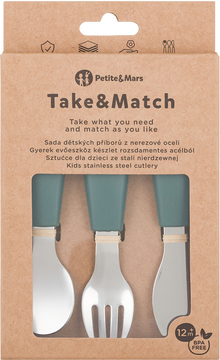 Petite&Mars Sada příborů z nerezové oceli Take&Match Misty Green 12m+