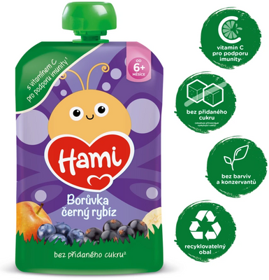 Hami Příkrm kapsička Jablko, banán, černý rybíz a borůvky 100 g