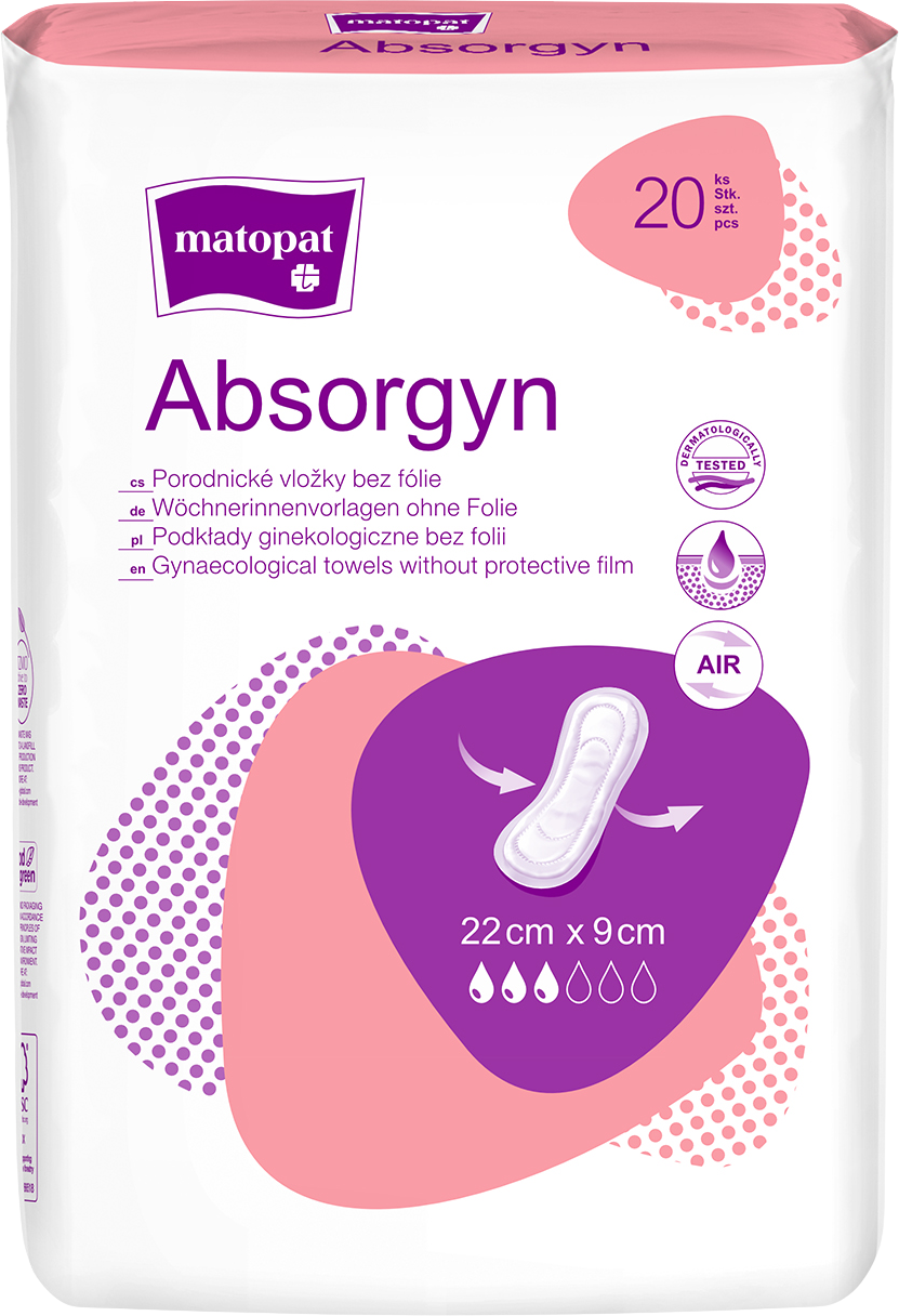 Matopat Absorgyn poporodní gynekologické vložky bez folie 22 cm x 9 cm, 20 ks