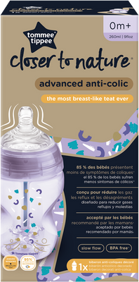 Tommee Tippee CTN Kojenecká Lahev ADVANCED ANTI-COLIC Pomalý Průtok 260 ml 0m+, Fialová