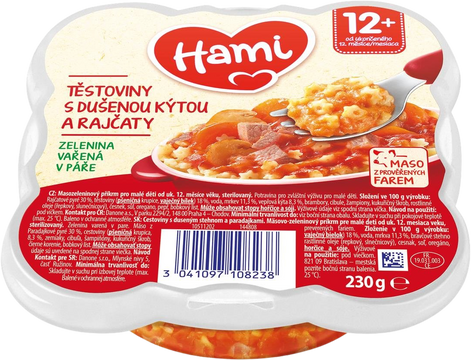 Hami masozeleninový talířek Těstoviny s dušenou kýtou a rajčaty, 12+ 230 g