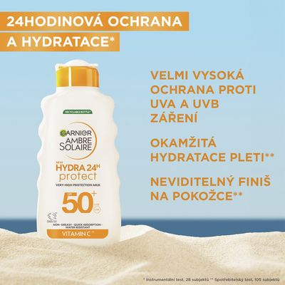 Garnier Ambre Solaire Hydra24h Protect Ochranné opalovací mléko proti UV záření s velmi vysokou ochrannou SPF 50, 175 ml