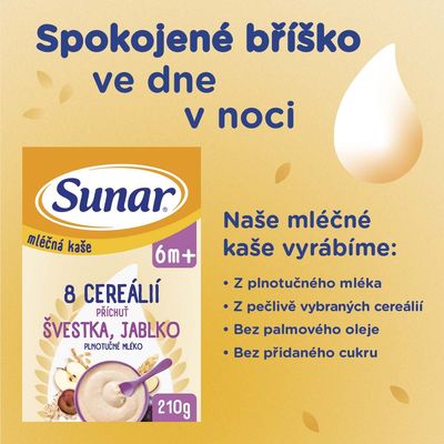 Sunar mléčná kaše s 8 cereáliemi, švestka, jablko 210 kg