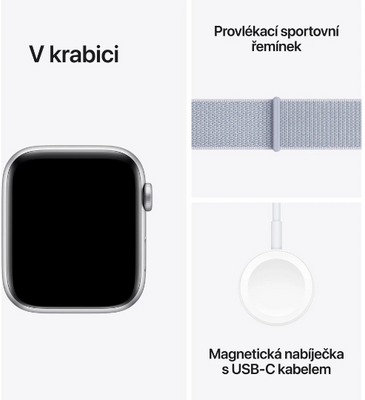 Apple Watch SE (2024) Cellular 44mm Stříbrný hliník s oblačně modrým provlékacím řemínkem