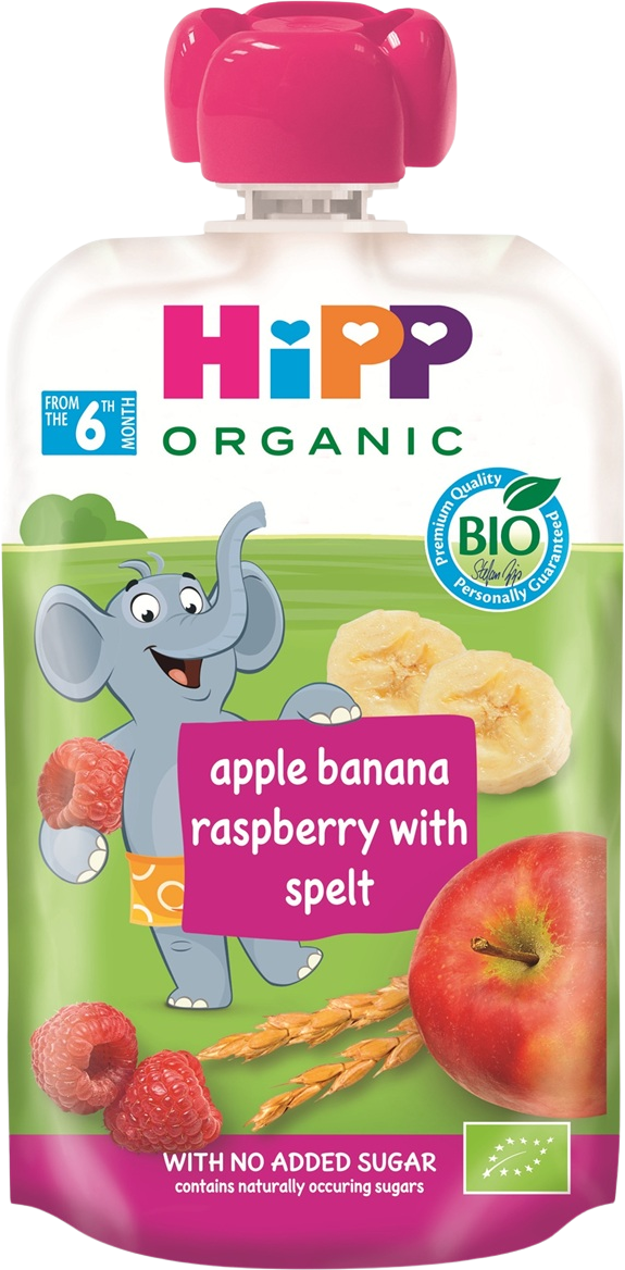 HiPP BIO Hippis 100% ovoce Jablko-Banán-Maliny-Špalda 100 g
