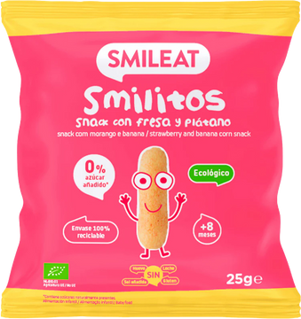 Smileat BIO kukuřičné křupky banán a jahoda s panenským olivovým olejem a vitaminem B1 8M+ 25 g