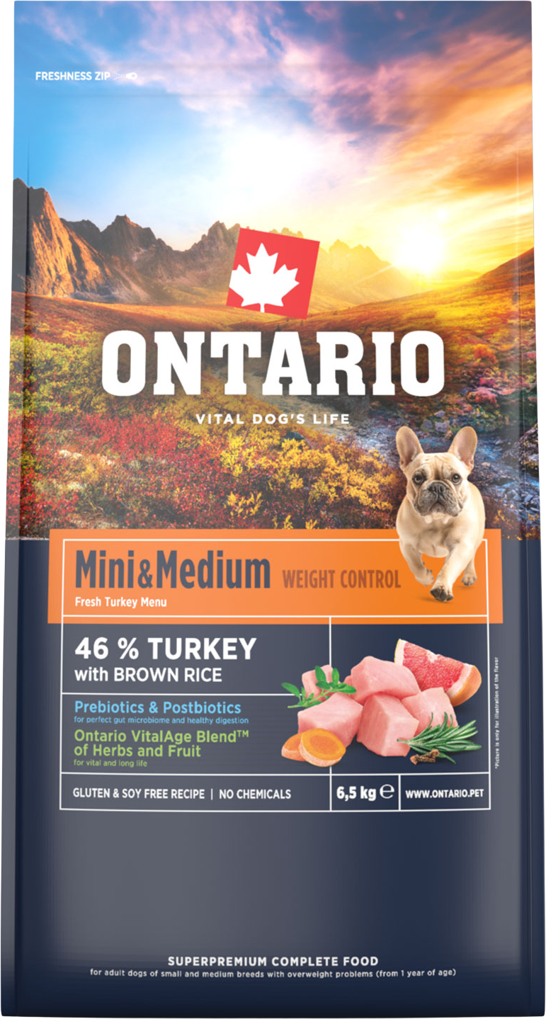 Ontario Krmivo Mini & Medium Weight Control Turkey & Brown Rice 6.5 kg