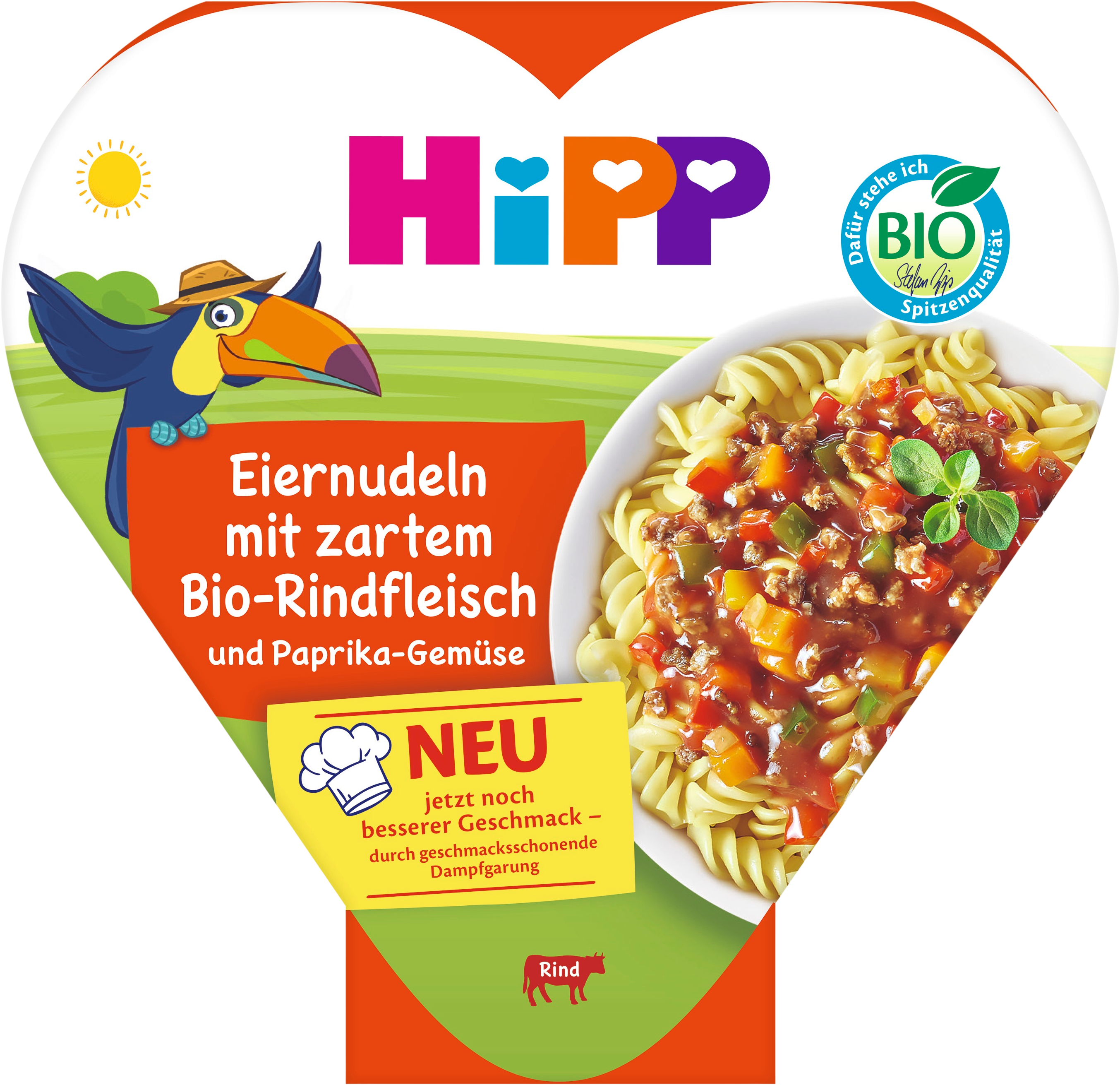 HiPP BIO příkrm Vaječné nudle se zeleninou a paprikou a jemným hovězím masem 250 g