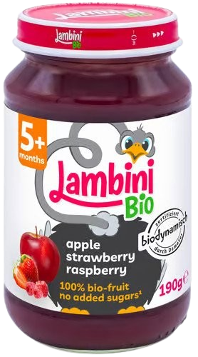 Lambini Bio Demeter příkrm jablko, jahoda a malina 190 g