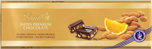 Lindt Gold Tablet Švýcarská hořká čokoláda s pomerančem a mandlemi 300 g
