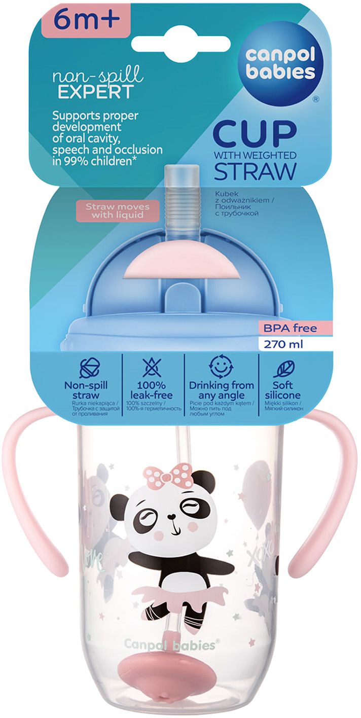 Canpol babies Exotic Animals nevylévací hrneček se slámkou a závažím růžový 270 ml