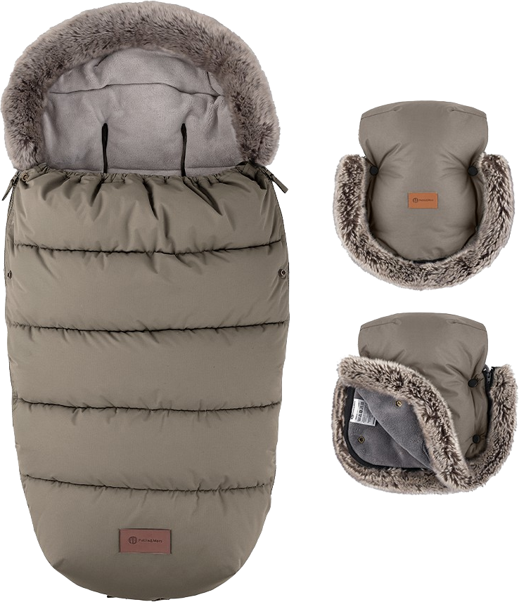 Petite&Mars Set zimní fusak Comfy 4v1 + rukavice na kočárek Furry Mocha Mousse