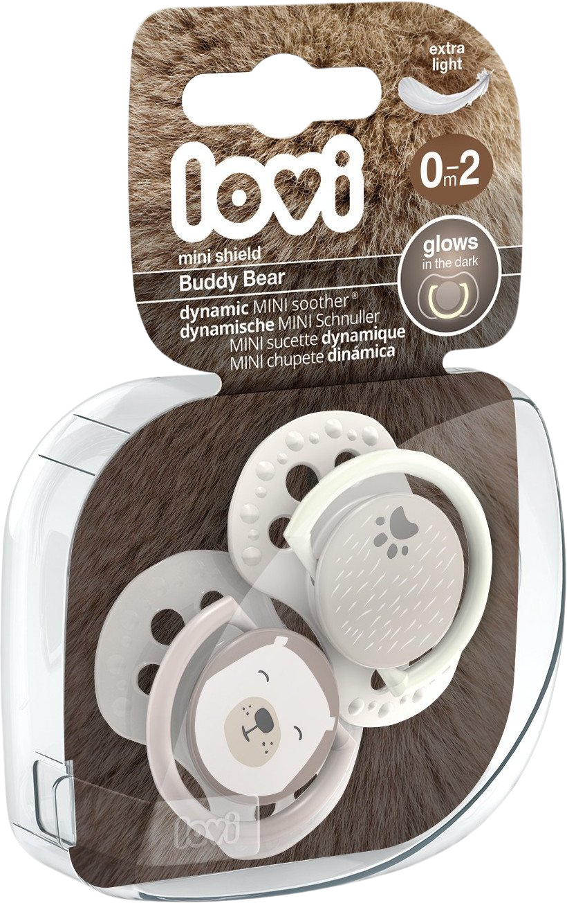 LOVI Dudlík s mini štítkem silikonový dynamický Buddy Bear 0-2m 2 ks