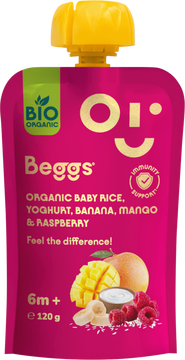 Beggs BIO Dětská rýže s jogurtem, banánem, mangem a malinami 120 g