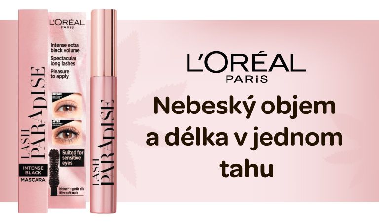 L’Oréal Paris, objemová řasenka, ricinový olej, lash paradise, extra objem, oslňující délka, krémové složení, řasy lehké jako peříčko