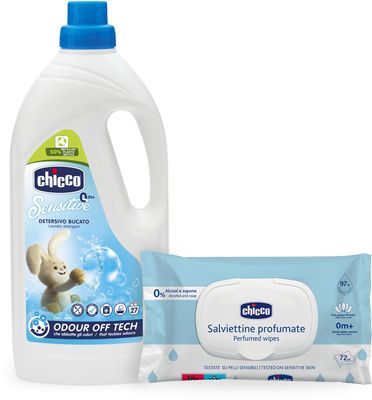 Chicco Prací gel Baby Sensitive + vlhčené ubrousky zdarma