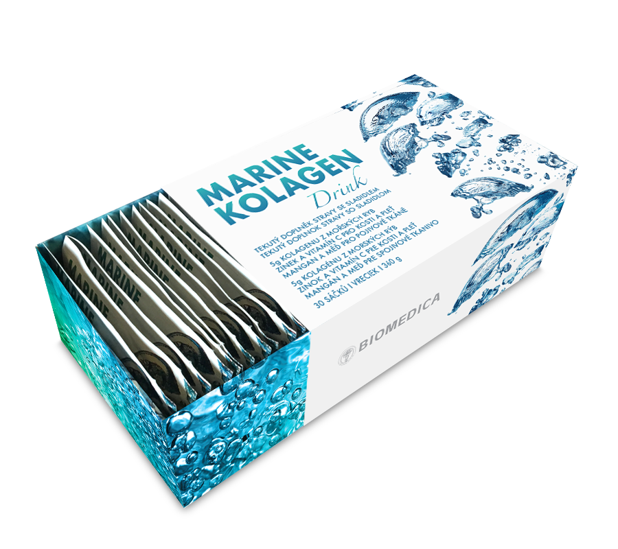 Biomedica Marine kolagen, rybí kolagen typu I,II a III, zinek, vitamín C, mangan, sodná sůl, stévie