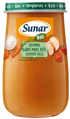 Sunar BIO příkrm zelenina, kuřecí maso, rýže, olivový olej 6m+ 190 g