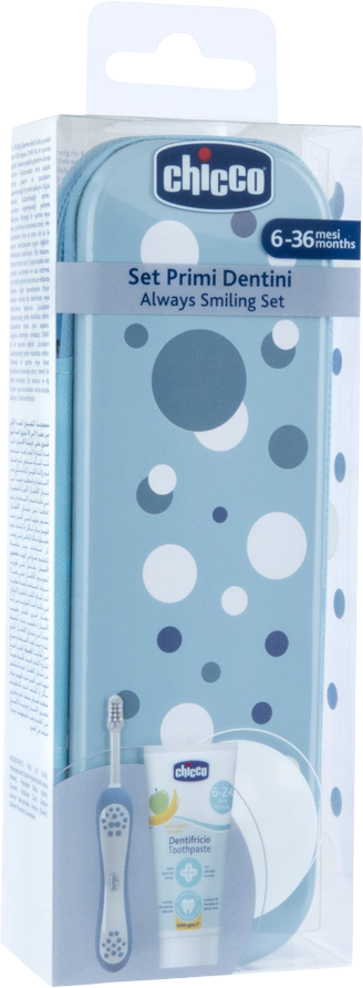 Chicco Set zubní kartáček a pasta v pouzdře Always smiling - light blue, 6m+
