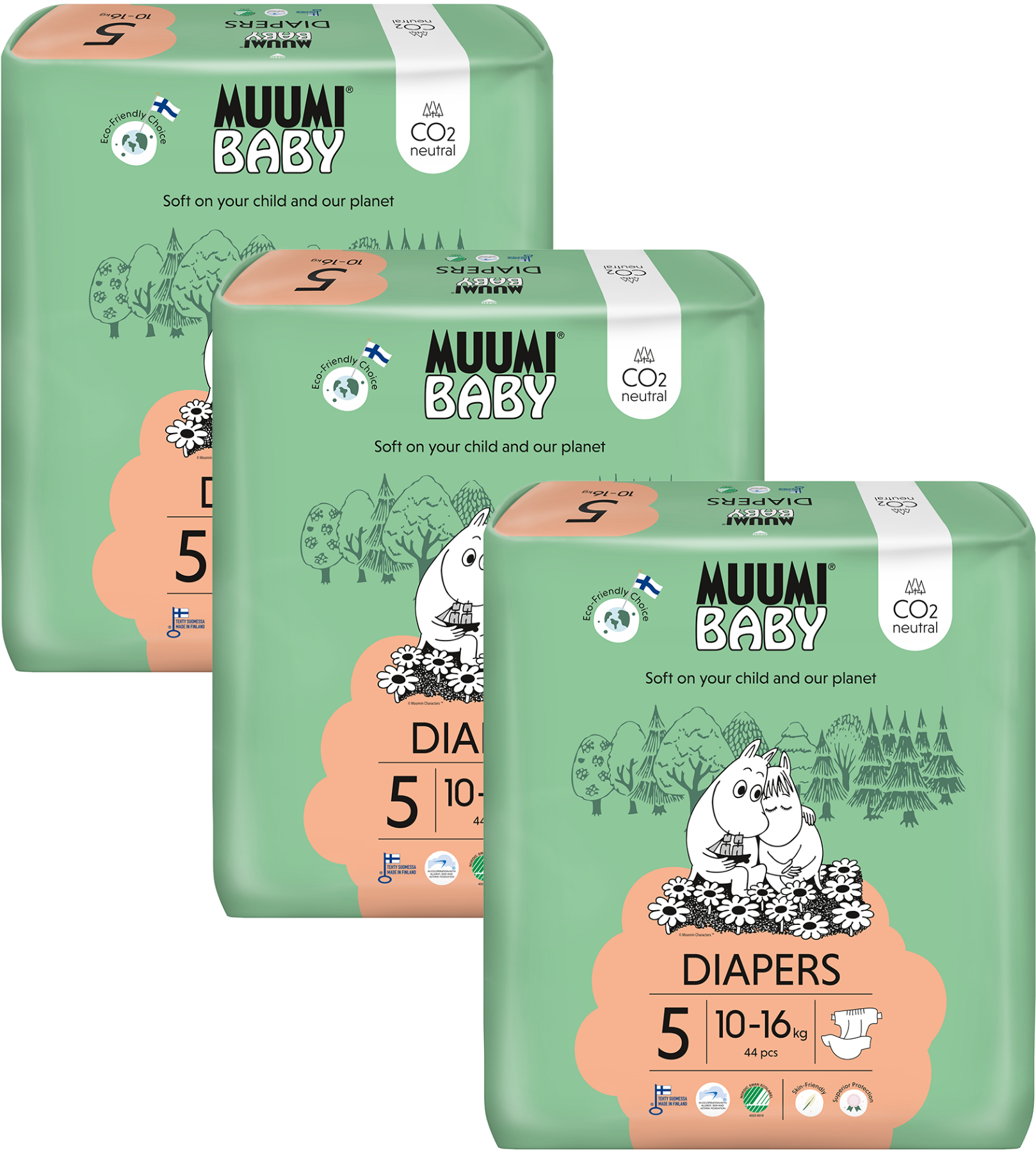 Muumi Baby 5 Maxi+ 10–16 kg, měsíční balení eko plen 138 ks