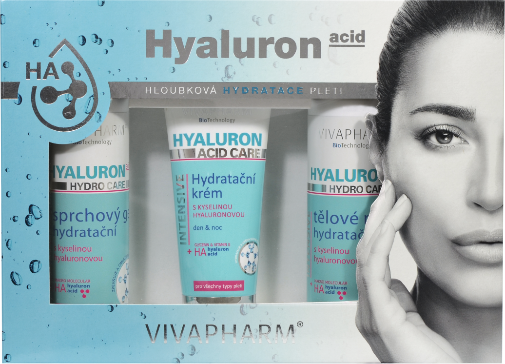 VivaPharm Dárková kazeta Hyaluron - tělové mléko 200ml + sprchový gel 200ml + pleťový krém tuba 100ml