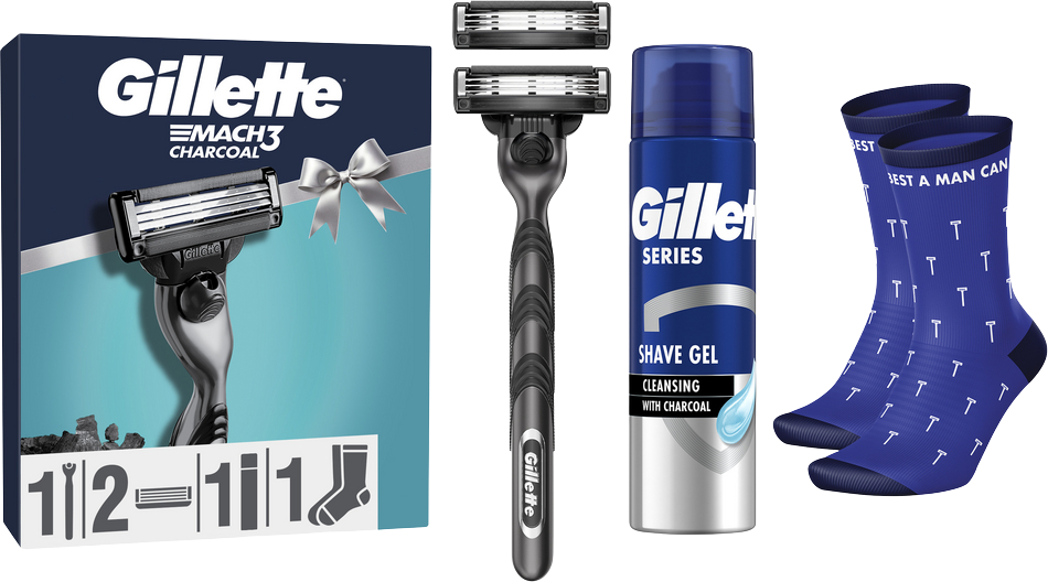 Gillette Mach3 Charcoal dárková sada - holící strojek a čistící gel na holení + dárek
