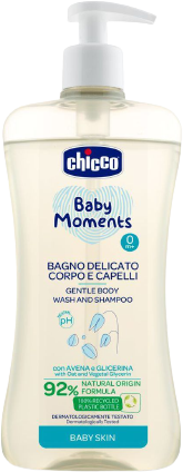 Chicco Šampon jemný na vlasy a tělo s dávkovačem Baby Moments 92 % přírodních složek 500 ml