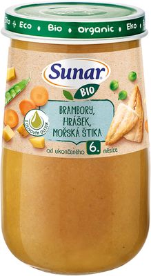 Sunar BIO příkrm brambory, hrášek, mořská štika, olivový olej 6m+, 190 g