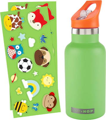 Skip Hop Láhev s nálepkami se slámkovým náústkem nerezová zelená 4r+, 380 ml