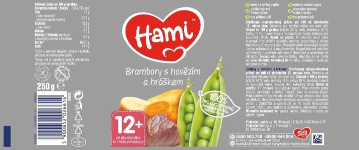 Hami masozeleninový příkrm Brambory s hovězím a hráškem, 12+ 250 g