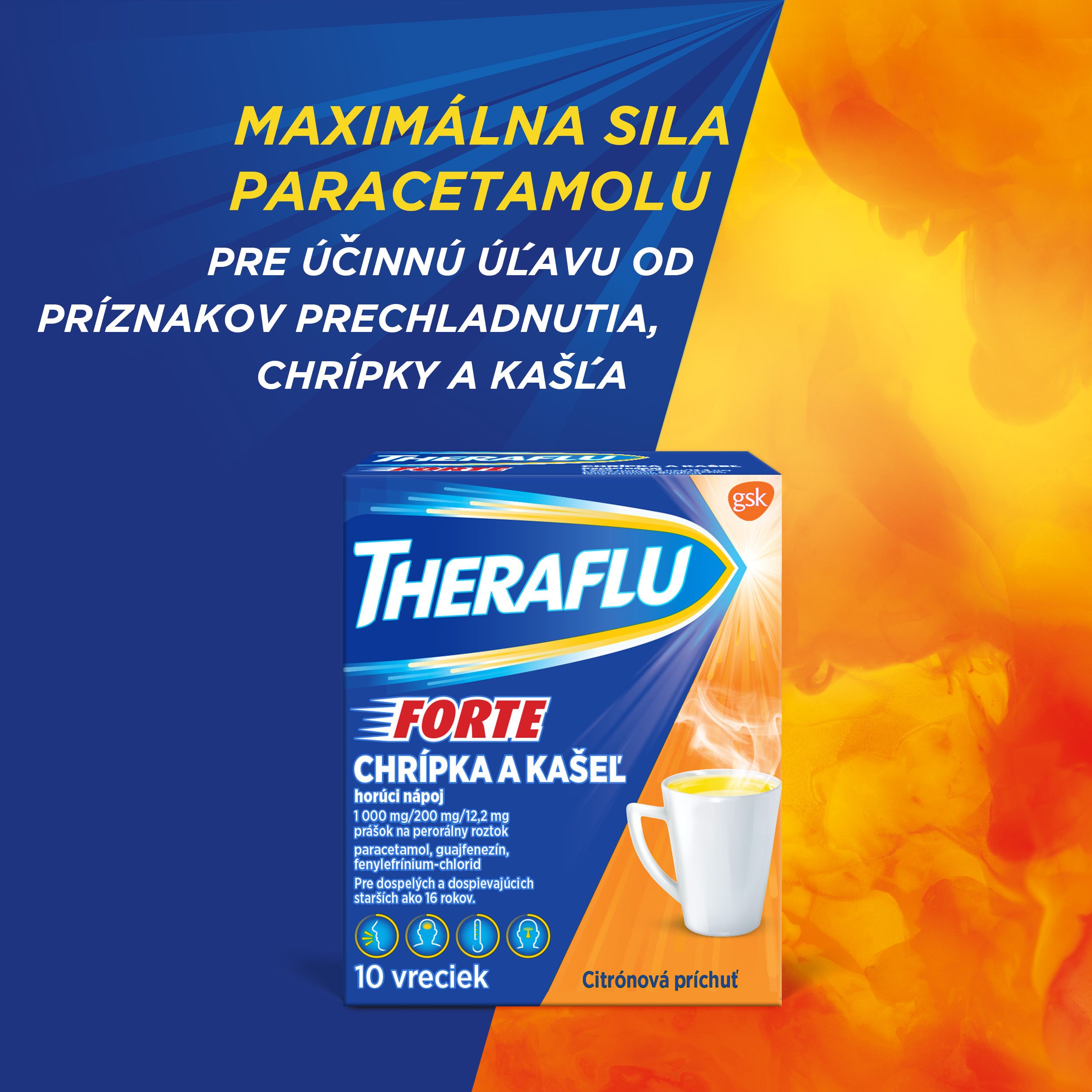 TheraFlu Chrípka a kašel, horúci nápoj, 1000mg paracetomolu