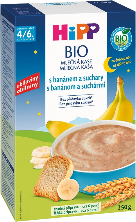 HiPP BIO Kaše mléčná na dobrou noc s banánem a suchary od uk. 4.-6. měsíce 250 g