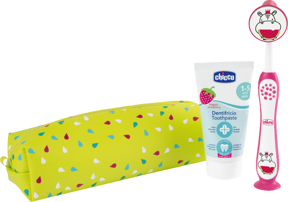 Chicco Set zubní kartáček a pasta v pouzdře - Hippo, 3r+