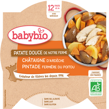 Babybio sladké brambory s kaštanovým pyré a farmářskou perličkou 230 g
