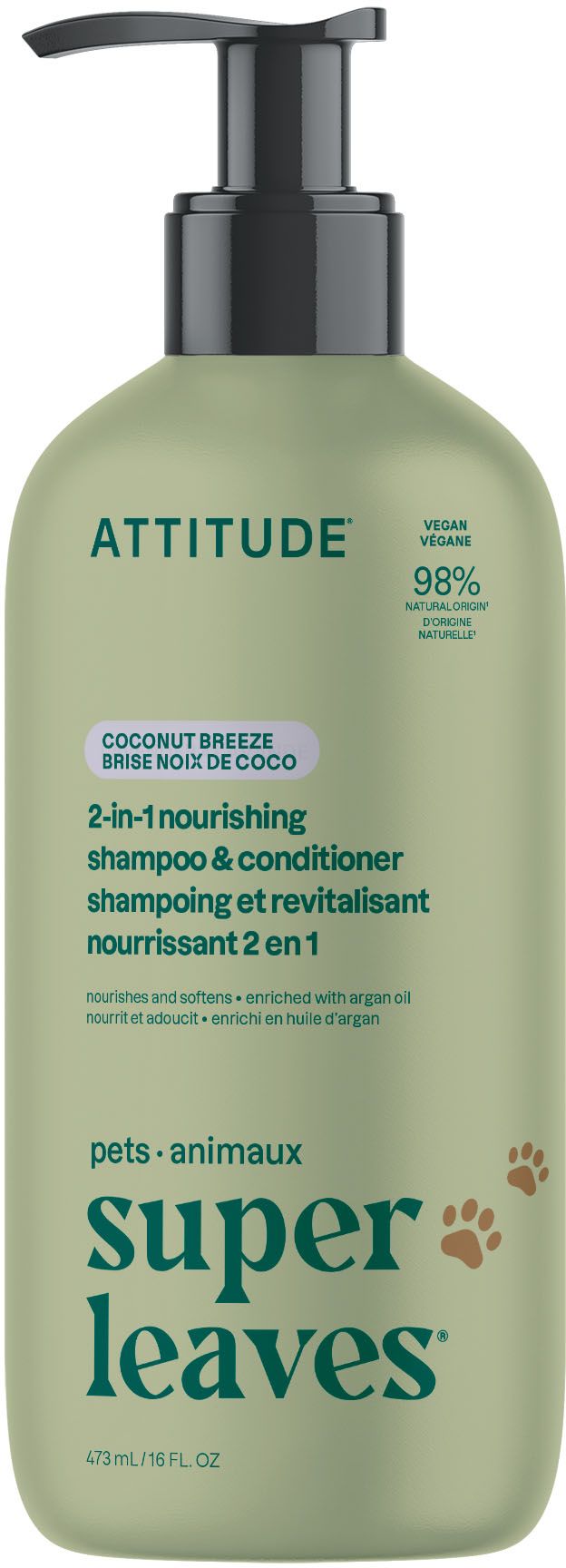Attitude Super Leaves Pets 2v1 šampon a kondicionér pro domácí mazlíčky - vyživující s kokosem 473 ml
