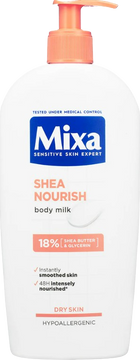 Mixa Shea Nourish vyživující tělové mléko s bambuckým máslem pro velmi suchou pokožku 400 ml