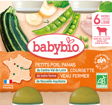 Babybio hrášek, pastinák, cuketa, telecí maso 2 x 200 g