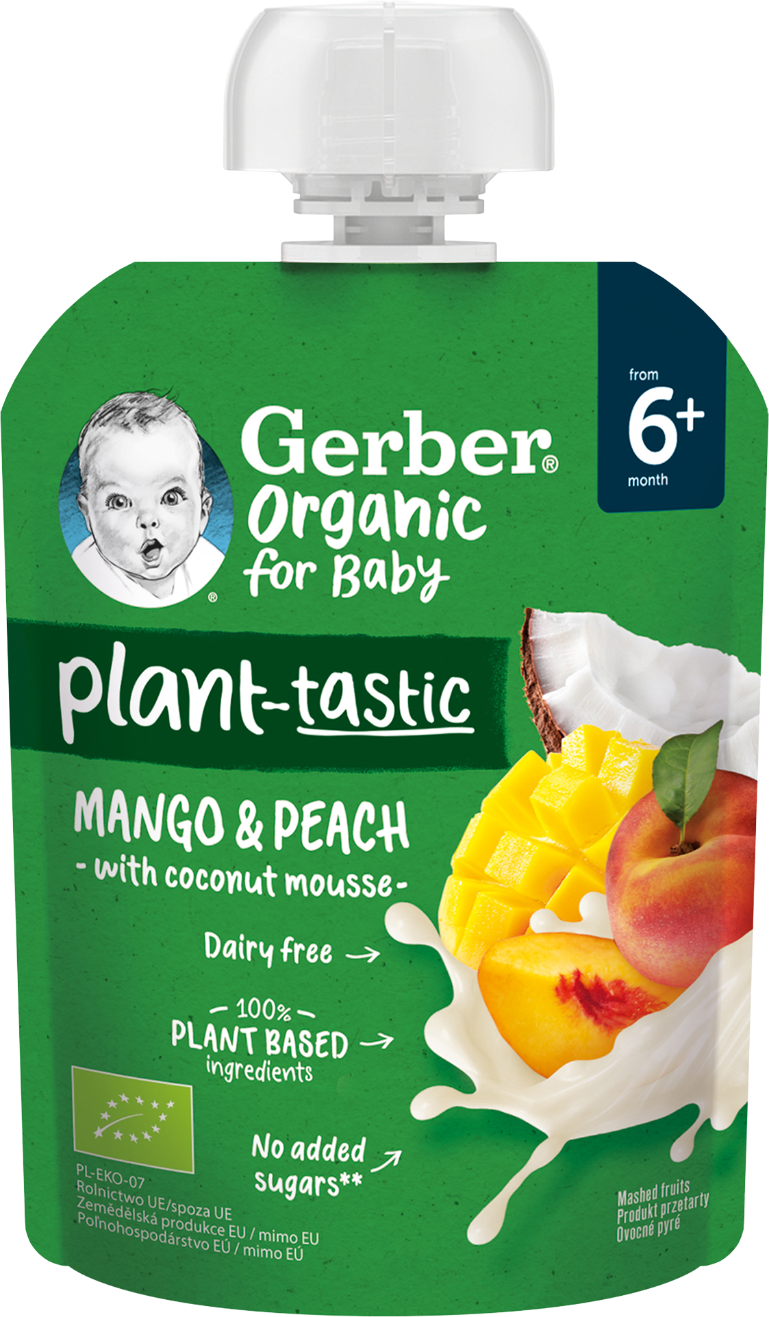 Gerber Organic ovocná kapsička mango a broskev s kokosovým mlékem 80 g