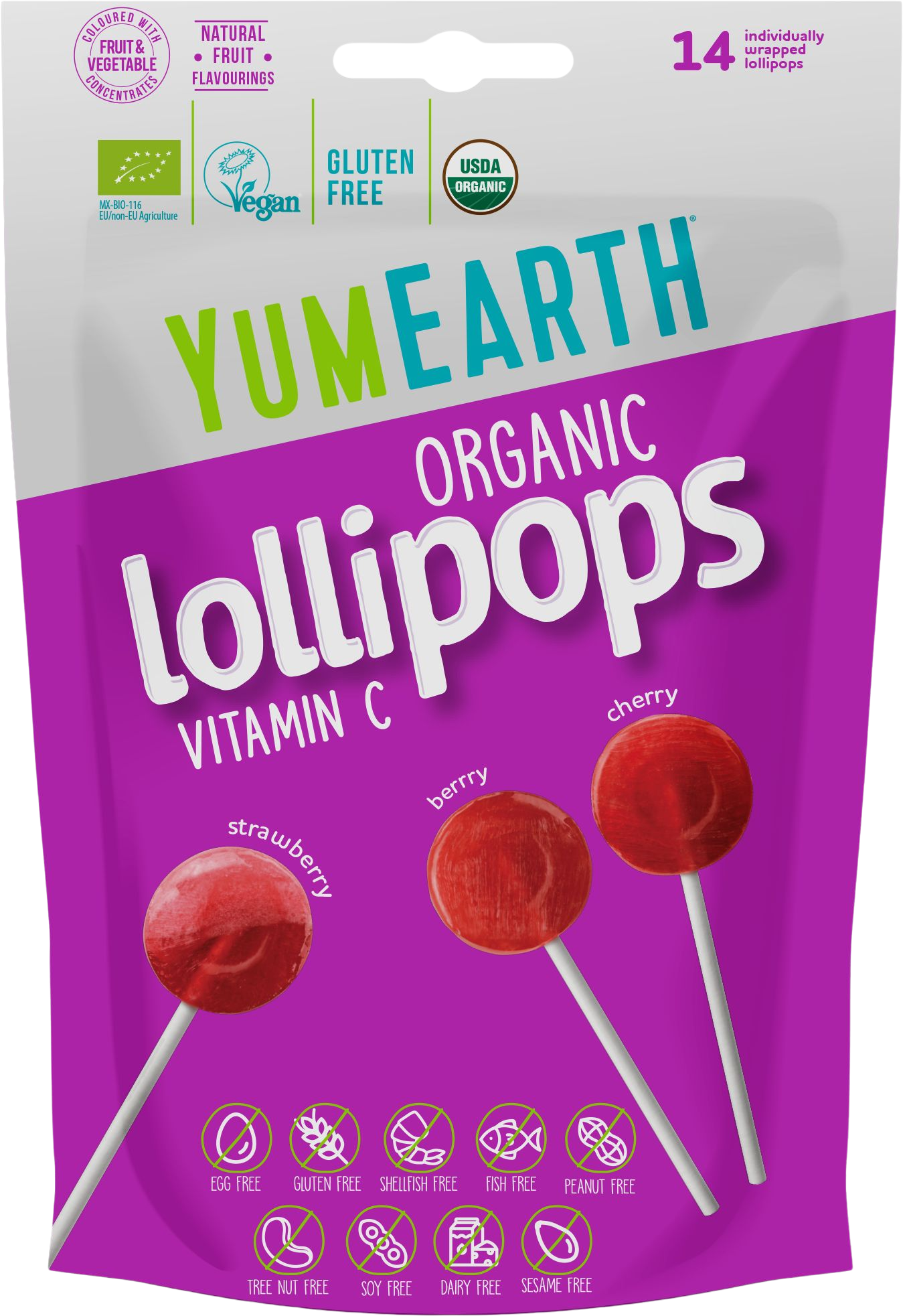 YumEarth BIO ovocná lízátka s vitamínem C 14 ks