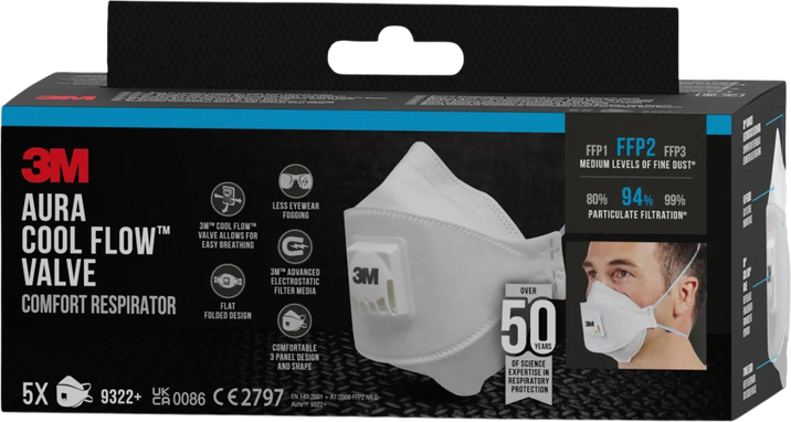 3M 9322-5 Aura™ respirátor proti částicím, s ventilem FFP2 5 ks