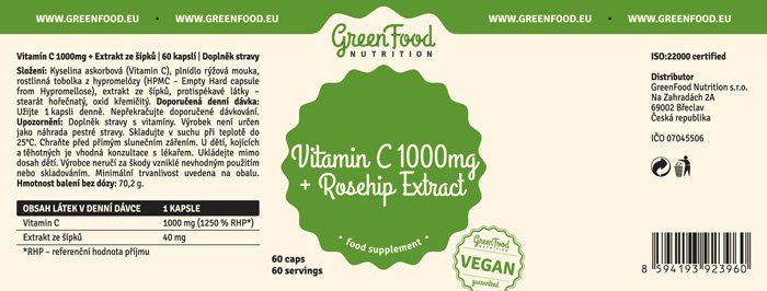 GreenFood Nutrition Vitamin C 1000 + Extrakt ze šípků 60 kapslí