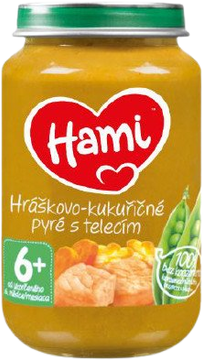Hami masozeleninový příkrm Hráškovo-kukuřičné pyré s telecím, 6+ 200 g