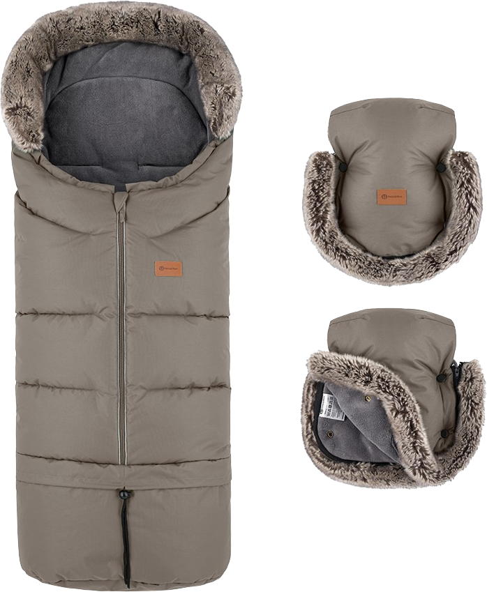 Petite&Mars Set zimní fusak Arctic 4v1 + rukavice na kočárek Furry Mocha Mousse