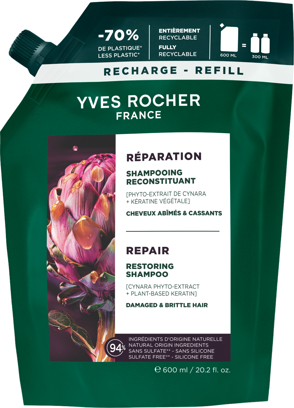Yves Rocher Haircare Botanical Solutions, Regenerační šampon 600 ml